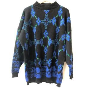 DODOMANI Sweater  Vintage 80's Grandpa Geometric Black Blue Women's Medium